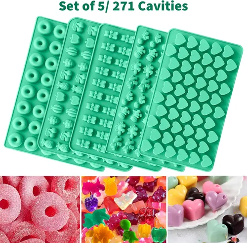 Vista 4 de Juego de 5 moldes de goma de silicona, moldes de silicona para dulces con 2 cuentagotas para un relleno cómodo, juego de moldes de gomita incluye