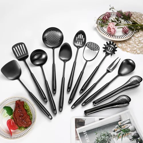 Vista 8 de Espátula y cucharón Wok de 15 pulgadas, cuchara espumadora, espátula giratoria ranurada, juego de utensilios de cocina mate de acero inoxidable 304