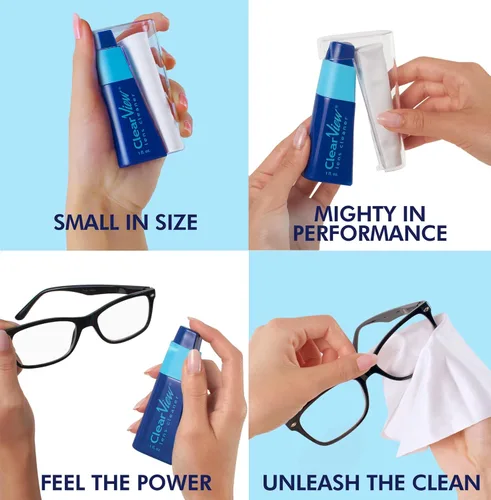 Vista 2 de Kit portátil de limpieza de lentes Clear View – Tamaño de viaje con solución de limpieza premium, spray recargable + paño de microfibra, seguro