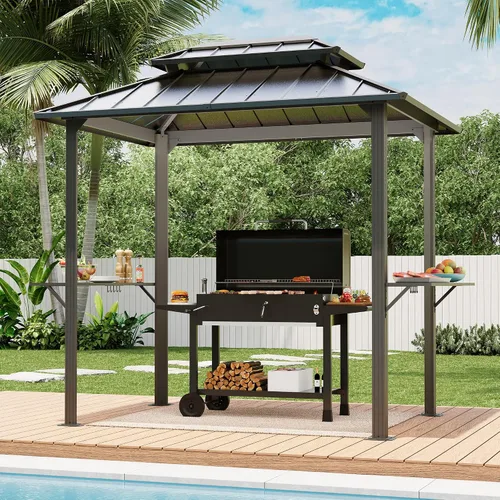 Vista 9 de LAUSAINT HOME Gazebo para parrilla al aire libre de 5 x 8 pies, kiosco para barbacoa con parte superior ventilada de 2 niveles, 2 estantes duraderos