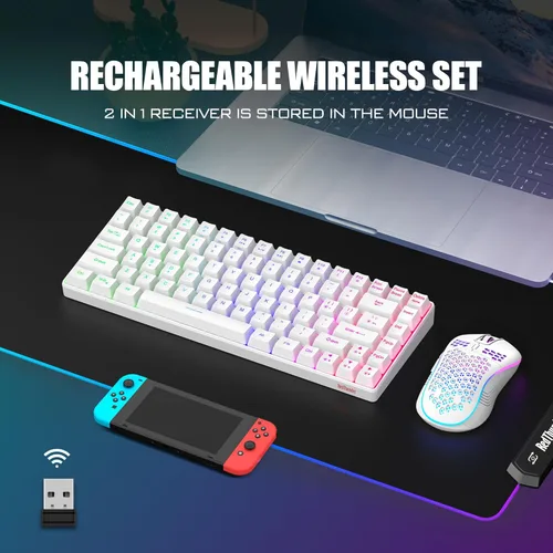 Vista 2 de RedThunder K84 Combo de Teclado y Mouse Inalámbrico, Batería Recargable con Retroiluminación Arco Iris, Teclado Ultra Compacto TKL de 75%