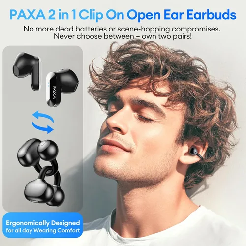 Vista 2 de Auriculares inalámbricos 2 en 1 con clip en oído abierto, 0 retardo Bluetooth 6.0, reproducción ultra larga de 140 horas, control táctil