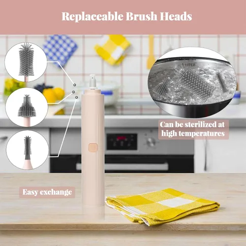 Vista 6 de Cepillo de limpieza eléctrico con limpiador de cepillo eléctrico recargable por USB y 3 cepillos de silicona reemplazables para botellas y cepillo