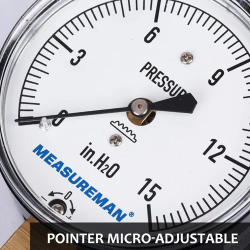 Vista 5 de MEASUREMAN - Medidor de presión tipo cápsula de diafragma, esfera de 2-1/2 pulgadas, montaje inferior de 1/4 pulg. NPT, ajustable, 0-15 in H2O
