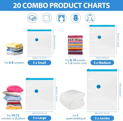 Vista 3 de Bolsas de sellado al vacío para ropa, paquete de 20 bolsas de almacenamiento al vacío para viajes (5 jumbo/5 L/5 M/5 S), ahorro de espacio con bomba