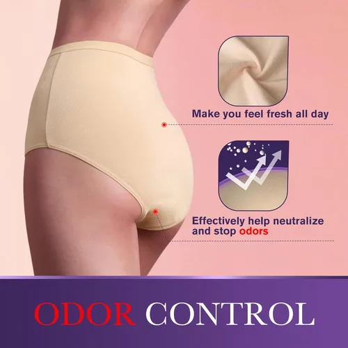 Vista 4 de Ropa interior de incontinencia a prueba de fugas para mujer, lavable, absorbente, protectora, posparto, 2.0 onzas, control de vejiga, 3 Beige, M