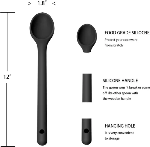 Vista 2 de Juego de 3 cucharas de silicona para agitar, mango largo de 12 pulgadas, cucharas de mezcla antiadherentes, sin BPA, no tóxicas y resistentes al
