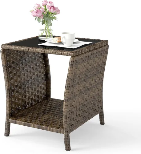 Mesa auxiliar de mimbre para exteriores, mesa auxiliar de ratán para patio con parte superior de cristal, almacenamiento de ratán para patio,