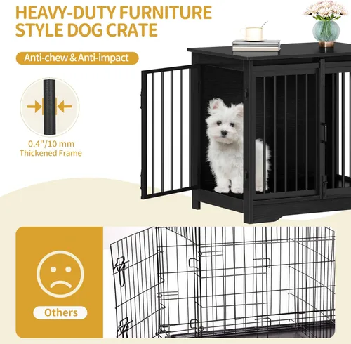 Vista 6 de Mueble de jaula para perros de 27.2 pulgadas con puerta de granero, perrera resistente para interiores con 2 puertas, mesa auxiliar jaula de madera