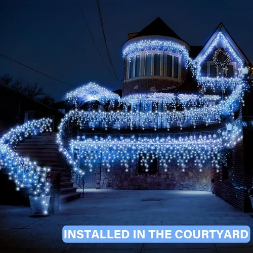 Vista 5 de Retisee Luz solar de Navidad de carámbano blanco frío de 65 pies para decoración al aire libre, 600 LED impermeable, cortina de Navidad, tira