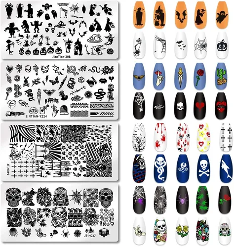 Juego de 4 placas de estampado de uñas de Halloween, kit de estampado de uñas, calabaza, calavera, murciélago, búho, juego de sellos de uñas,
