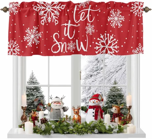 Vista 20 de Cenefa de cortina con lazo rojo de Navidad para ventanas, sala de estar, cocina, baño, granja, bolas de Navidad de acuarela con diseño de bayas