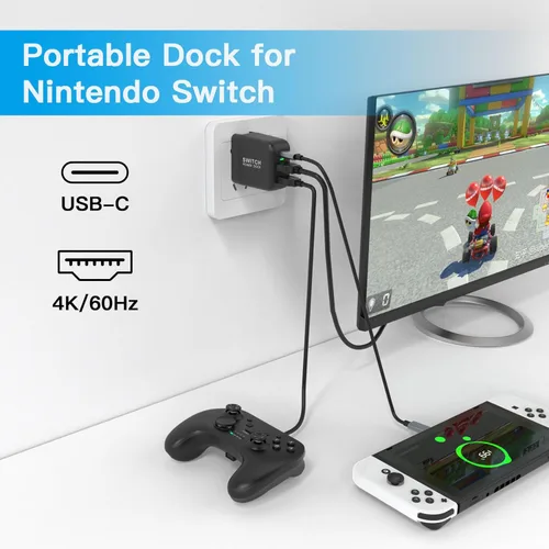 Vista 7 de Cargador de base para Nintendo Switch, estación de acoplamiento de TV portátil Mirabox de 36 W para Nintendo Switch con puertos de carga rápida HDMI