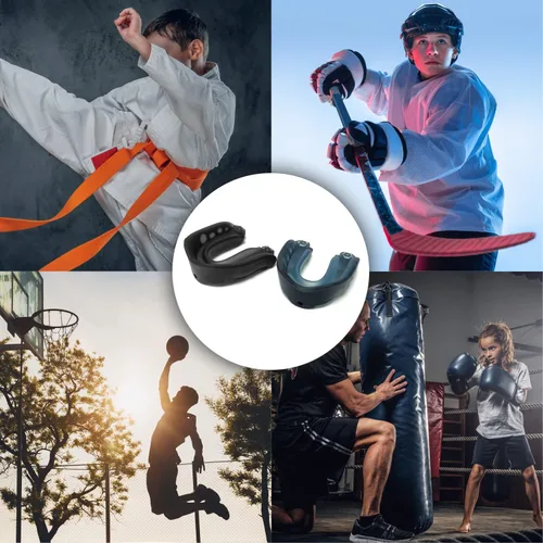 Vista 5 de Paquete de 2 protectores bucales de fútbol, protector bucal deportivo para niños, protector bucal para jóvenes con correas y funda, protector bucal