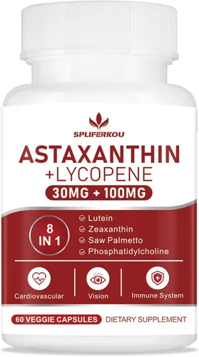 Astaxantina y licopeno 70 mg, suplemento de astaxantina con fosfatidilcolina, luteína y zeaxantina, poderosos antioxidantes suplemento de apoyo para
