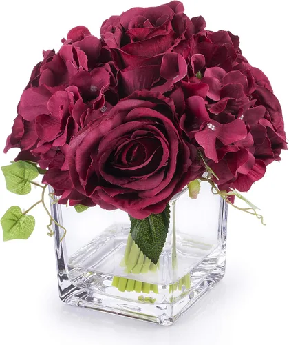 Vista 6 de Arreglos de flores artificiales de seda de rosas y hortensias en jarrón de cristal para decoración del hogar y boda (azul)