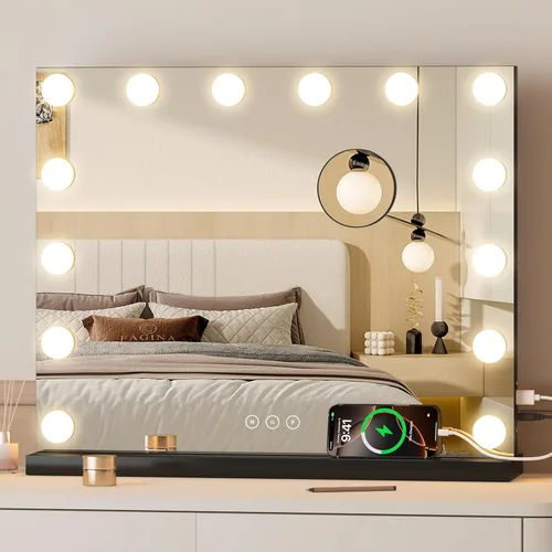 Espejo de tocador con luces, espejo de maquillaje iluminado con bombillas LED regulables, 3 modos de iluminación de color, puerto de carga USB,