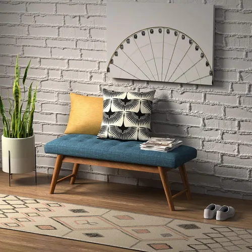 Vista 9 de Yaxa Basics - Banco moderno tapizado con botones capitoné Haraden, azul, 16 x 44 x 17 pulgadas