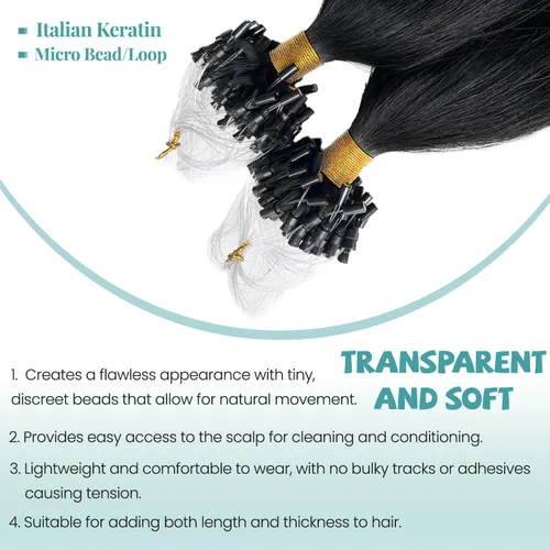 Vista 3 de Extensiones de Cabello Micro Link Negro Extensiones de Cabello Micro Loop Cabello Humano Real Paquetes Sin Trama Fusión Fría 50s 50g #1 Negro M#Jet