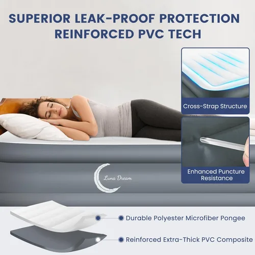 Vista 5 de LunaDream Eclipse Series Colchón de aire individual con bomba integrada recargable por USB, cama inflable inalámbrica, diseño duradero a prueba