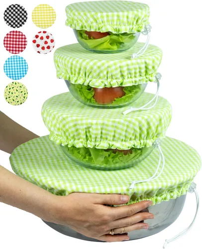 Vista 30 de Fundas grandes de tela de algodón reutilizables hechas a mano para tazones – Dos capas de tela (solo juego extra grande de 3, aguacate)