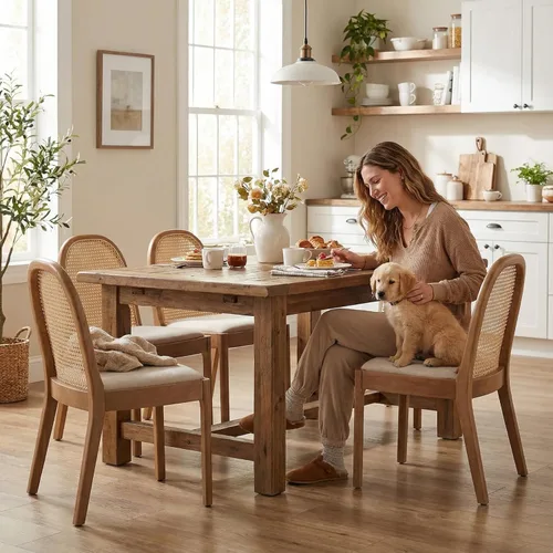 Vista 14 de DUOMAY Mid-Century - Juego de 2 sillas de comedor de ratán modernas, sillas de comedor de madera con respaldo de caña y asiento acolchado, silla