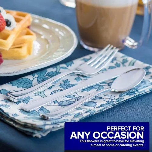 Vista 6 de Juego de cubiertos de plástico resistente (plateado) de 75 piezas, juego de cubiertos desechables, ideal para fiestas, bodas y catering, cubiertos