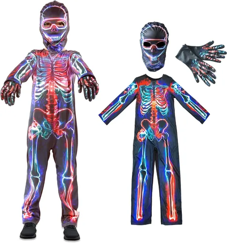 Wbesty Disfraz de esqueleto para niños de Halloween bata de esqueleto guantes espeluznantes cara de calavera
