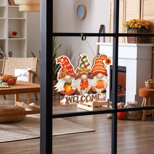 Vista 3 de Whaline Letrero colgante de madera de otoño, gnomos, otoño, Acción de Gracias, letrero rústico de puerta de madera para cosecha de otoño, decoración