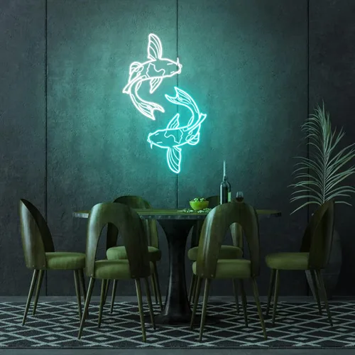 Vista 9 de Koi Fish - Letrero de neón hecho a mano, tatuaje tradicional japonés, luz LED de neón, dos ilusiones blancas y azules grabadas en 3D, lámpara