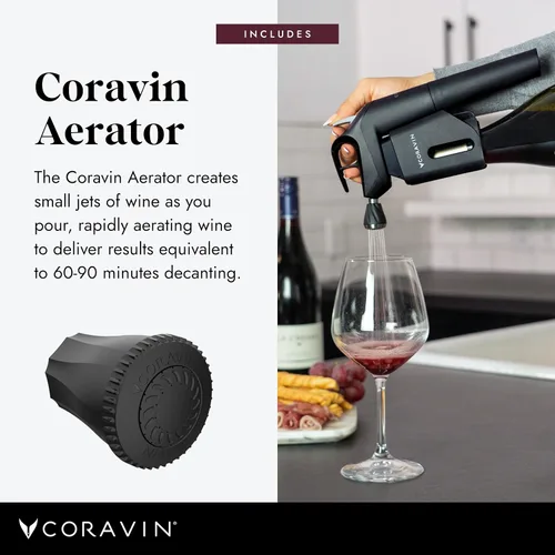 Vista 5 de Coravin Timeless Three Plus Sistema de preservación de vino Protector de vino Con 2 cápsulas de gas argón puro y aireador de vino Negro