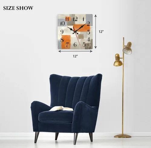 Vista 4 de ArtSocket Reloj de pared de madera, silencioso, sin tictac, abstracto, naranja, marrón, gris, geométrico, cuadrado, rústico, decoración