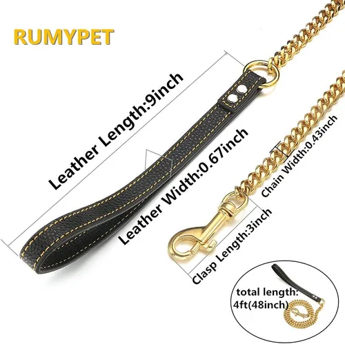 Vista 3 de Correa de cadena para perro de oro de 18 quilates, 0.43 pulgadas, a prueba de masticación, cadena de eslabones cubanos de acero inoxidable 316L