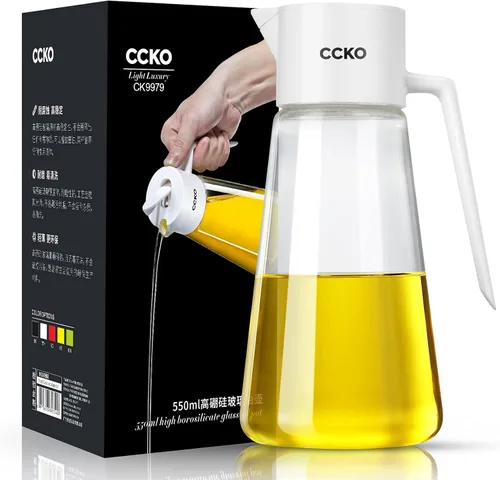 Vista 8 de CCKO Botella dispensadora de aceite de oliva de vidrio con boquilla abatible automática de 19 onzas para cocina, dispensador de aceite de cocina sin