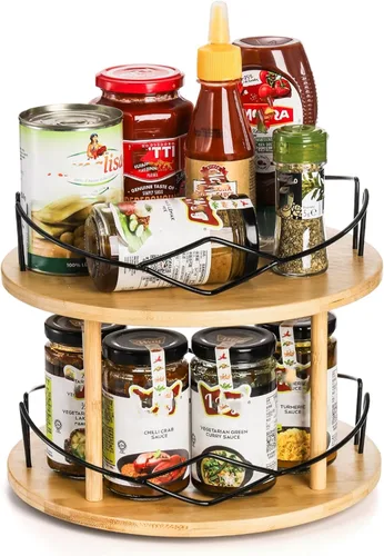 Vista 6 de Yopay Lazy Susan Organizer 2 Tier, Bamboo Rotating Spice Rack for Kitchen Countertop Cabinet, Spinning Makeup Turntable Organizer with Steel Side