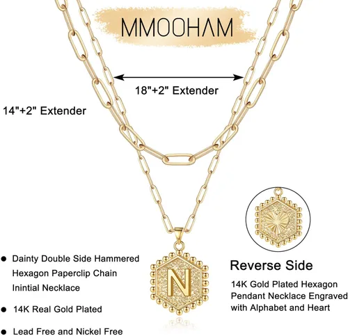Vista 5 de Delicados collares con iniciales en capas para mujer, collar de cadena con clip chapado en oro de 14 quilates, collar de gargantilla con inicial