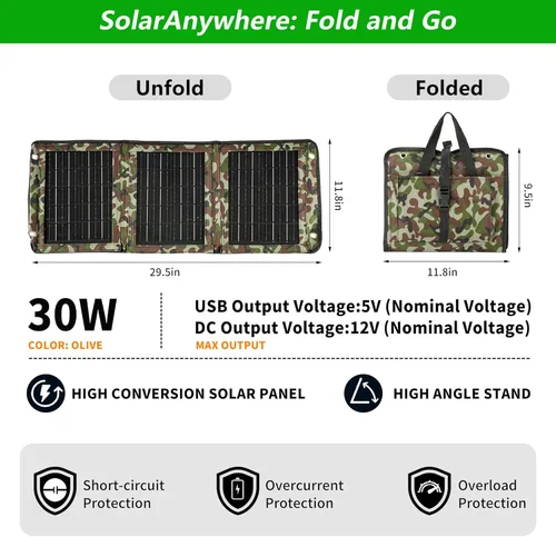 Vista 5 de Cargador de panel solar portátil de 28 W, cargador solar plegable con doble salida USB, panel solar ETFE ligero para camping, senderismo, mochilero