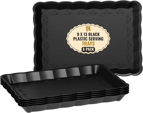 Paquete de 6 bandejas de plástico negro para servir, bandejas y platos de 9 x 13 pulgadas, bandeja negra para servir, bandeja para servir para