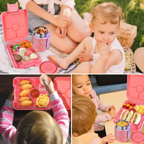 Vista 8 de Lonchera Bento para niños con termo de sopa de 10 onzas, recipientes de almuerzo a prueba de fugas con 4 compartimentos, tarro térmico para Negro
