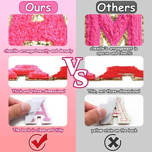 Vista 3 de 6 piezas de parches de letras de chenilla autoadhesivas con purpurina para planchar, parches de letras universitarias estilo preppy, letras difusas