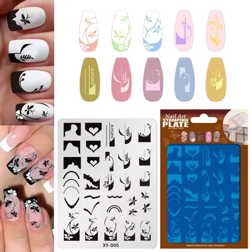Vista 7 de BlueZOO Juego de placas de estampado de uñas, luna estrella, cruz, corazón, línea francesa, tiras onduladas, plantas, arte de uñas, plantillas
