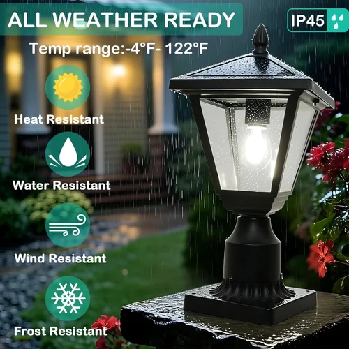 Vista 5 de Luces solares de poste de metal y vidrio, luces solares de poste del atardecer al amanecer con base de montaje en muelle, luces exteriores de 6000 K