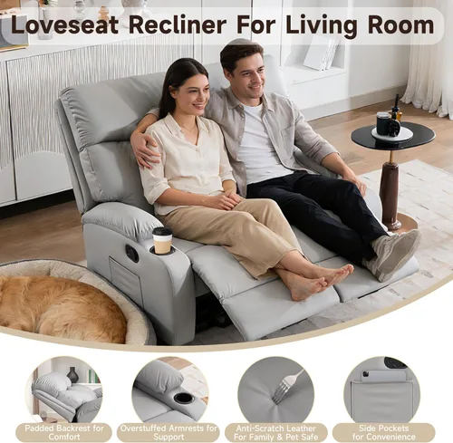 Vista 3 de Sofá reclinable de dos plazas, sofá reclinable doble, juego de sillas reclinables antiarañazos para RV de 2 plazas, sofá de pared para sala de Gris