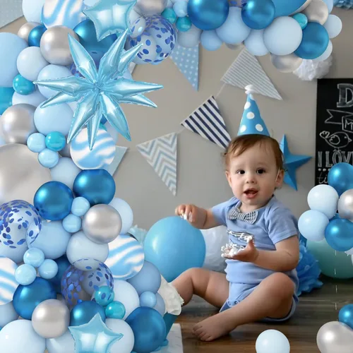 Vista 5 de Kit de guirnalda de arco de globos azules de 150 piezas, decoraciones de baby shower, globos pastel claro azul bebé, globo de confeti de estrella