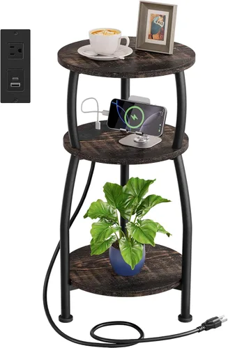 Vista 10 de Mesa auxiliar redonda con toma de corriente y puertos USB, mesa auxiliar de 3 niveles con estante de almacenamiento, mesita de noche rústica