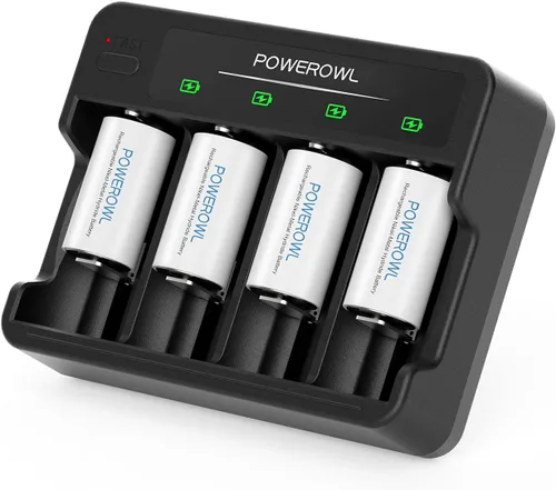 POWEROWL Baterías C recargables con cargador de batería de 4 bahías, carga rápida USB, para baterías recargables AA AAA C D Ni-MH Ni-CD -4 unidades