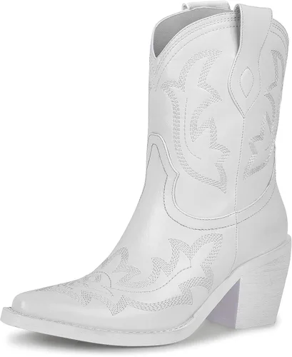 Vista 3 de wetkiss Serie de botas vaqueras cortas para mujer, con diseño bordado, tacón grueso y cremallera lateral, cómodas y elegantes, #1 Blanco mate