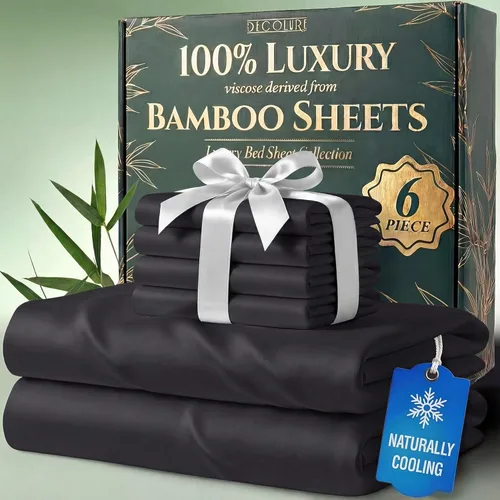 Vista 16 de DECOLURE Juego de sábanas 100% viscosa derivada de bambú, tamaño individual, sábanas de lujo de 4 piezas de enfriamiento natural, juego de cama Negro