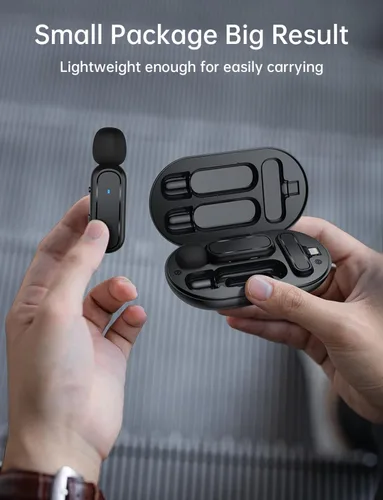 Vista 5 de Micrófono inalámbrico Lavalier para iPhone iPad con estuche de carga 7H Clip en el micrófono de solapa inalámbrico, paquete de 2 micrófonos