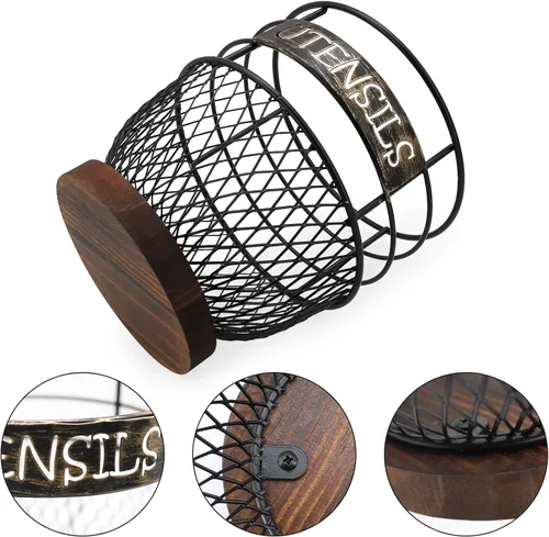 Vista 7 de SODSAI Soporte grande para utensilios en elegante negro mate con base de madera rústica para cocinas modernas, organizador espacioso y resistente al